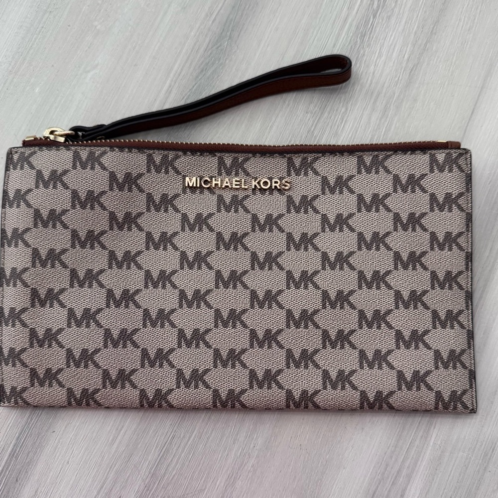 Michael Kors Beige and Brown MK Logo Zip Clutch Wristlet